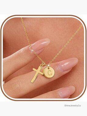 Gold Cross Initial Necklace Sterling Silver Pendant A-Z Letter